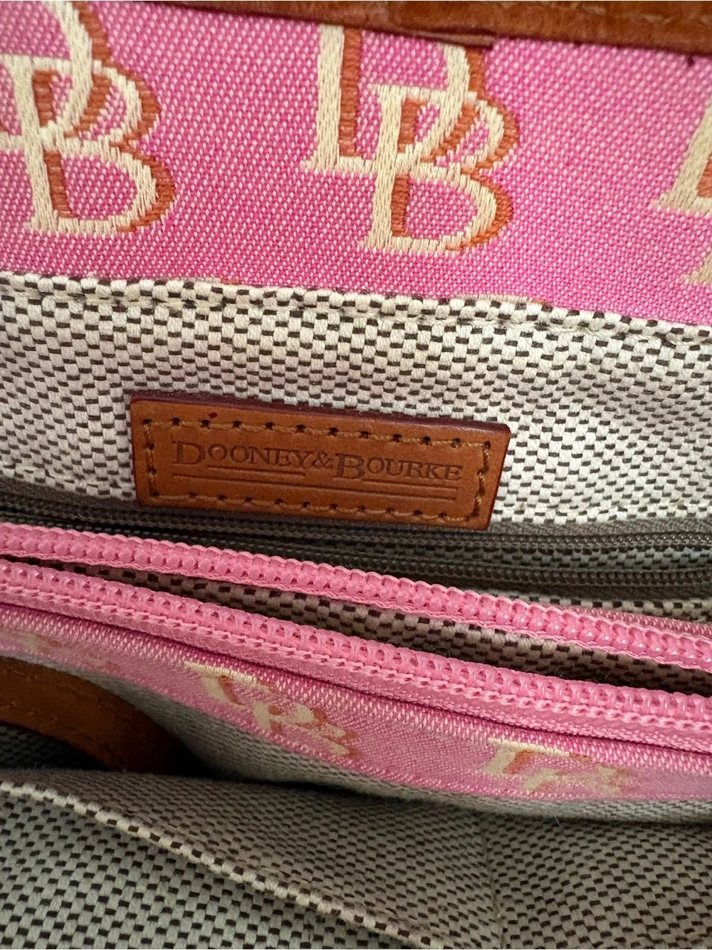 Dooney & Bourke Pink Logo Satchel with Brown Leather Trim